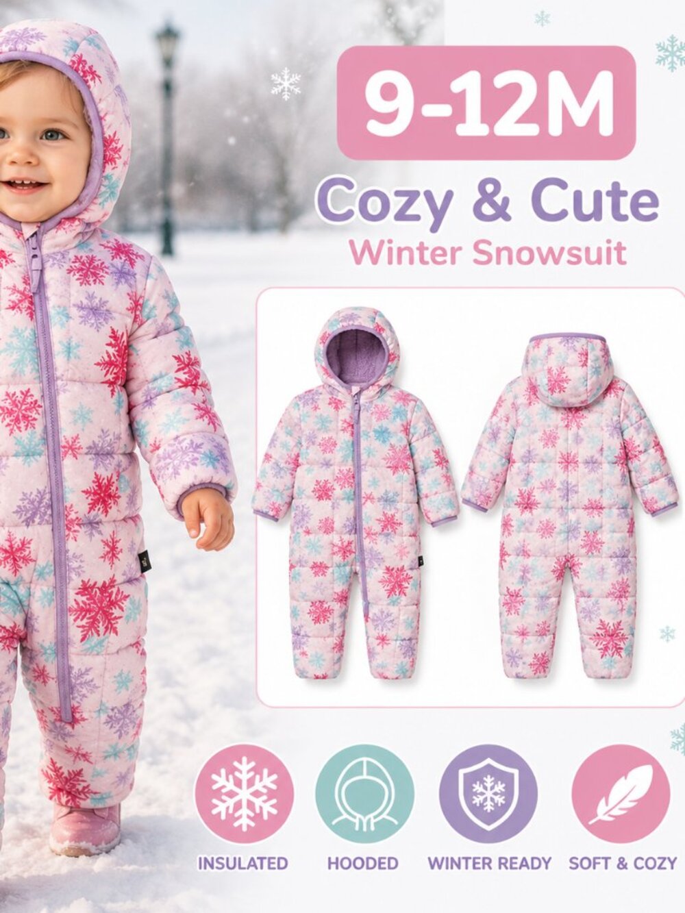 Spyder Girls Snowsuit 9-12 Month Purple Zipper Hooded Foldover Mittens Booties